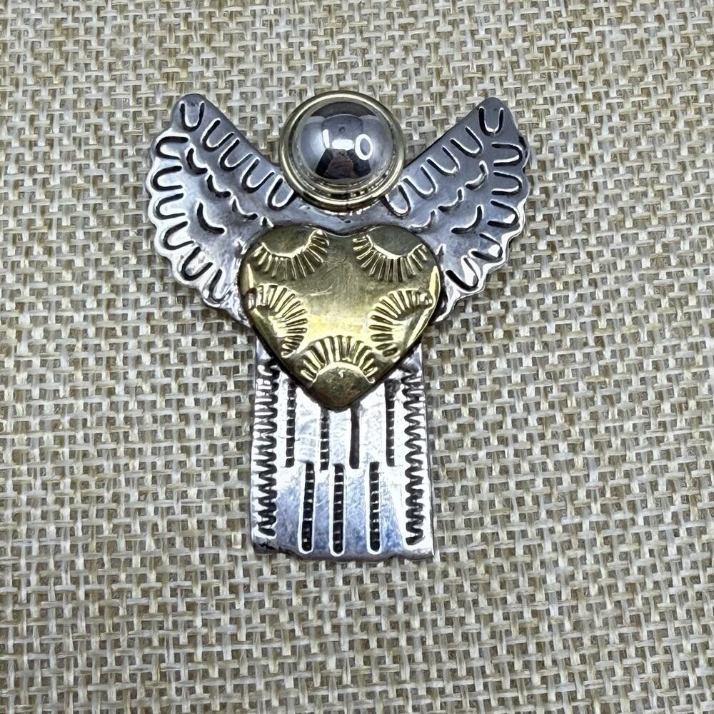 Vintage 925 Sterling Silver and Brass Angel Heart Brooch and Pendant 9 grams